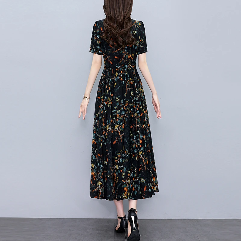 Quality Floral Chiffon Casual Dress Women Bodycon Vintage Elegant Party Long Dress 2025 Summer New Chic Prom Luxury Midi Vestido