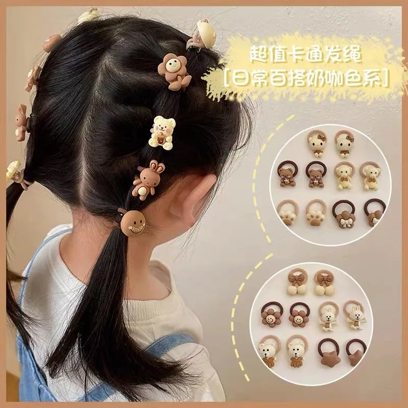 10Pcs/Set Cute Cartoon Chocolate Elastic Small Hair Bands Aniaml Flower Bear Rabbit Hair Ties Rope Girls Rubber Ponytail Scrunch