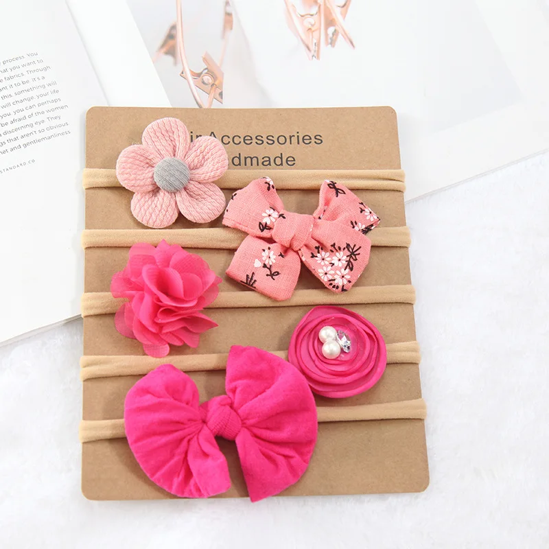 Baby Girl Headbands Newborn Flower Hair Bows Kids Toddler Headband Nylon Elastic Hair Band Children Hair Accessories 5pcs/lot