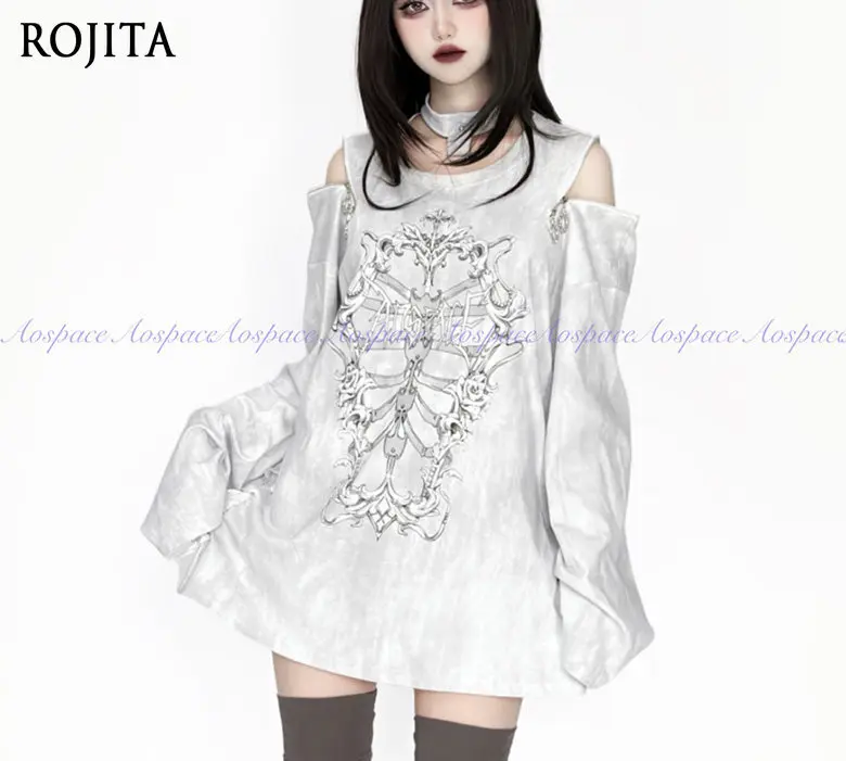 Gothic White Skeleton Rose Print Cold Shoulder Long Sleeve Top Vintage Floral Skeleton Graphic Detachable Halter Design Tee