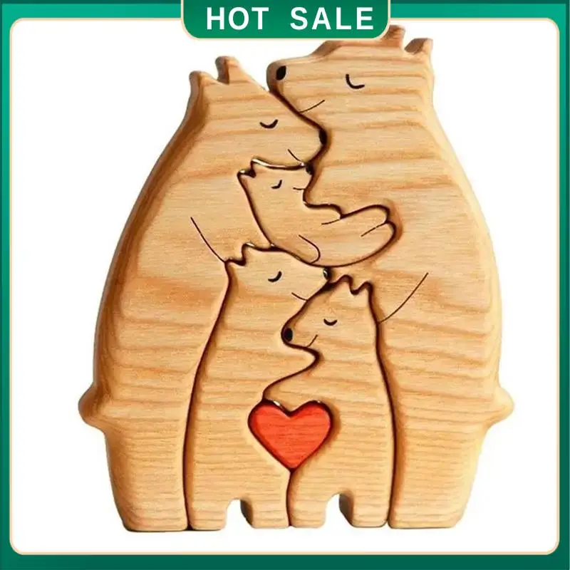 

My Home Wooden Bear Family Statue Family Art Puzzle Desktop Ornament Family Heart Puzzle Home Decoration Mother's Day Gift,A Dur