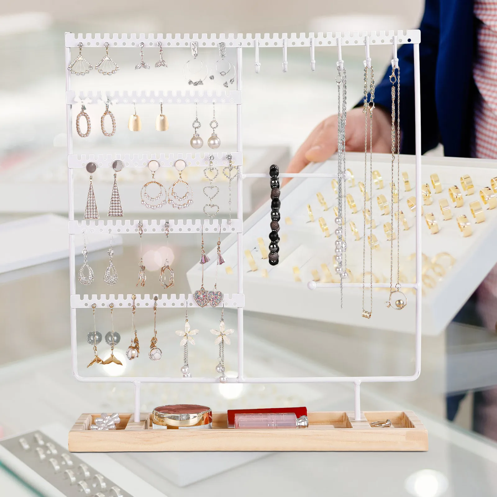 Elegant Wooden Jewelry Stand Earring Holder Organizer Desktop Display Rack for Home Store Trade Show Minimalist Jewelry Storage