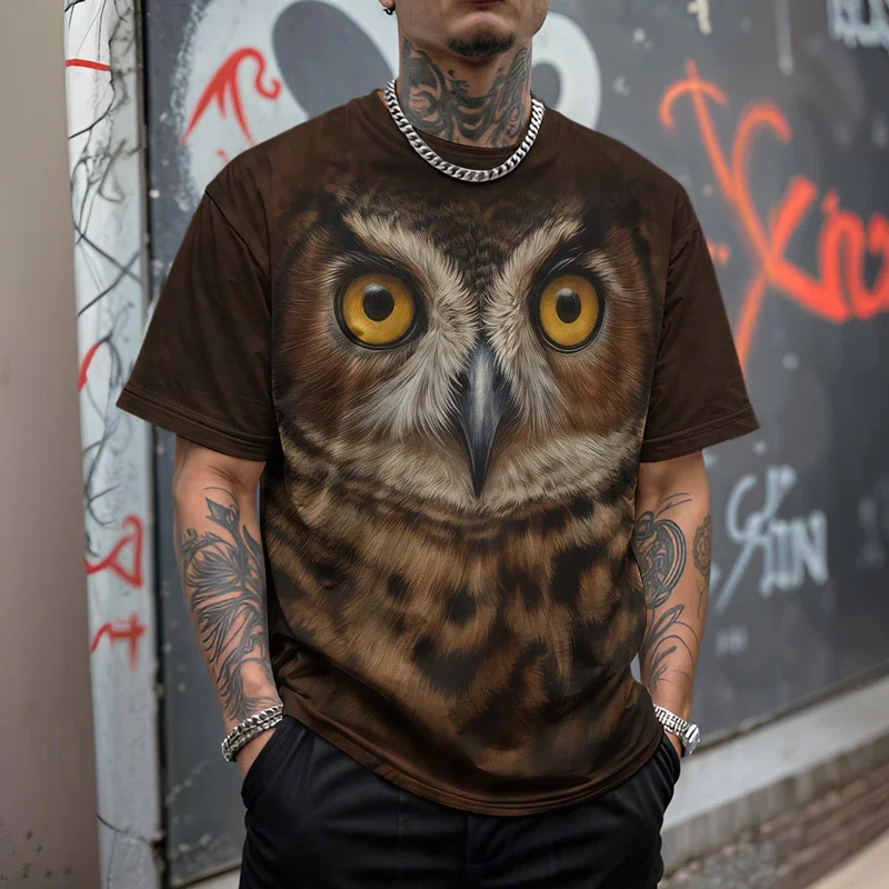 Herren T-Shirt mit realistischem Eulen-Print, lässiger Rundhalsausschnitt, Kurzarm-Shirts, Wildtier-Grafik-Tops für Streetwear und Nachtliebhaber
