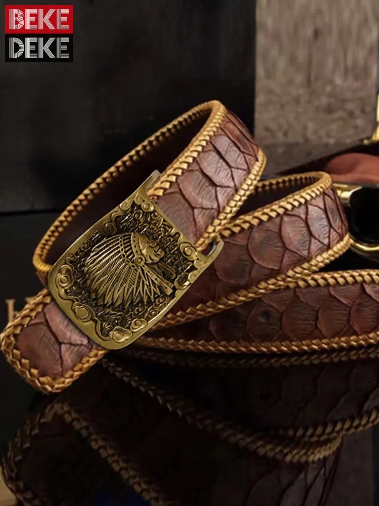 Męski pasek z prawdziwej skóry węża, ręcznie pleciony, skórzany pasek z miedzianą klamrą do spodni, vintage, nowy, oryginalny skórzany pas, ceinture.
