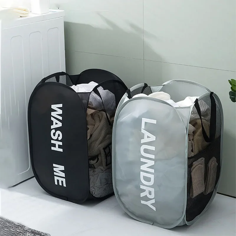 

Foldable Dirty Clothes Basket Mesh Up Laundry Hamper Large Capacity Dorm Household Clothing Breathable Basket Bathroom basket