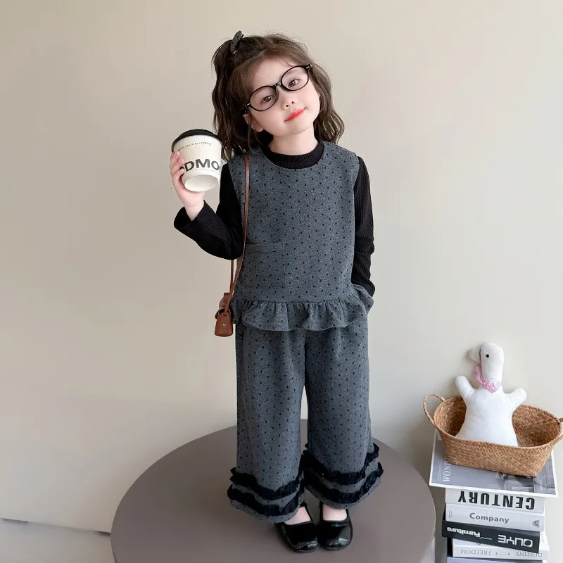Polka Dot Kleidungsset für Mädchen, modische Kinderweste + Basisschicht + Hose mit weitem Bein, dreiteilige Sets, Frühling und Herbst 2025, Neu – Detail 20