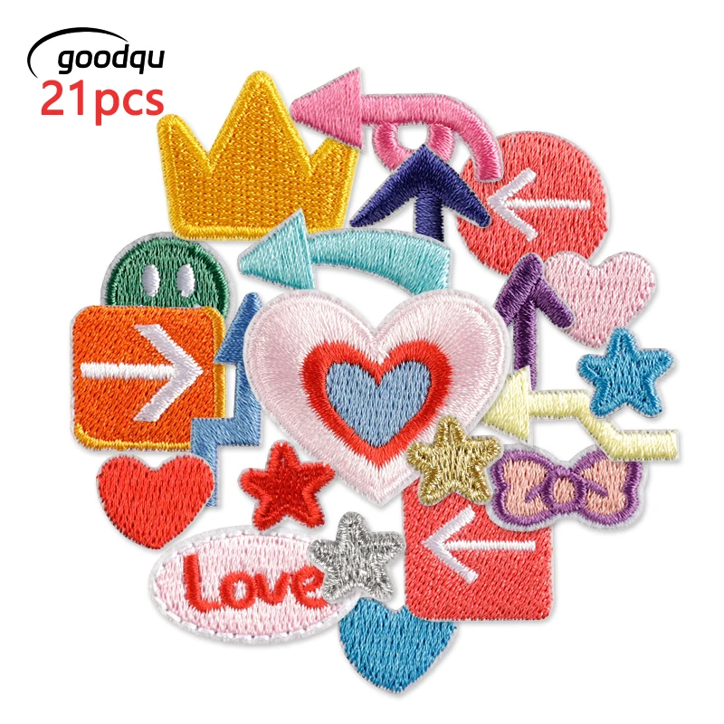 

21 Pcs Shape Cute Small Patches For Clothing Kids Iron On Embroidered Jackets Letters Stickers Pack Lots Girls Heart Sewing Diy
