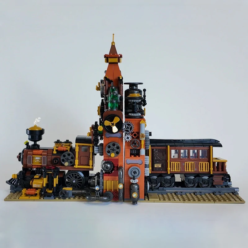 Street View Series Steampunk Train Building Blocks City Urban Trains Bookends Model Bricks Toys For Kid Xmas Gift With LED MOC