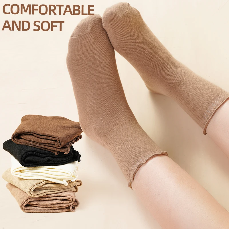 5Pairs Ruffle Edge Soft Cotton Blends Socks Women Solid Breathable Basic Middle Tube Sock Girls Comfort Sock Four Seasons Style