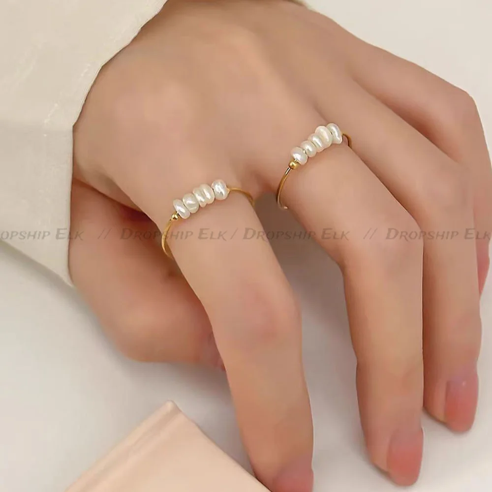 خاتم أنيق وبسيط صغير من لؤلؤ المياه العذبة الأبيض للنساء من الفولاذ المقاوم للصدأ مجوهرات وإكسسوارات مقاومة للماء