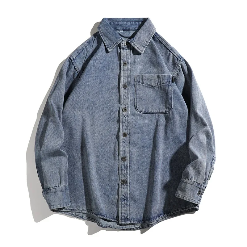 

Мужская джинсовая рубашка в японском ретро-стиле с длинным рукавом, повседневная свободная рабочая куртка, осенняя модная тенденция, свободный крой, классический синий цвет