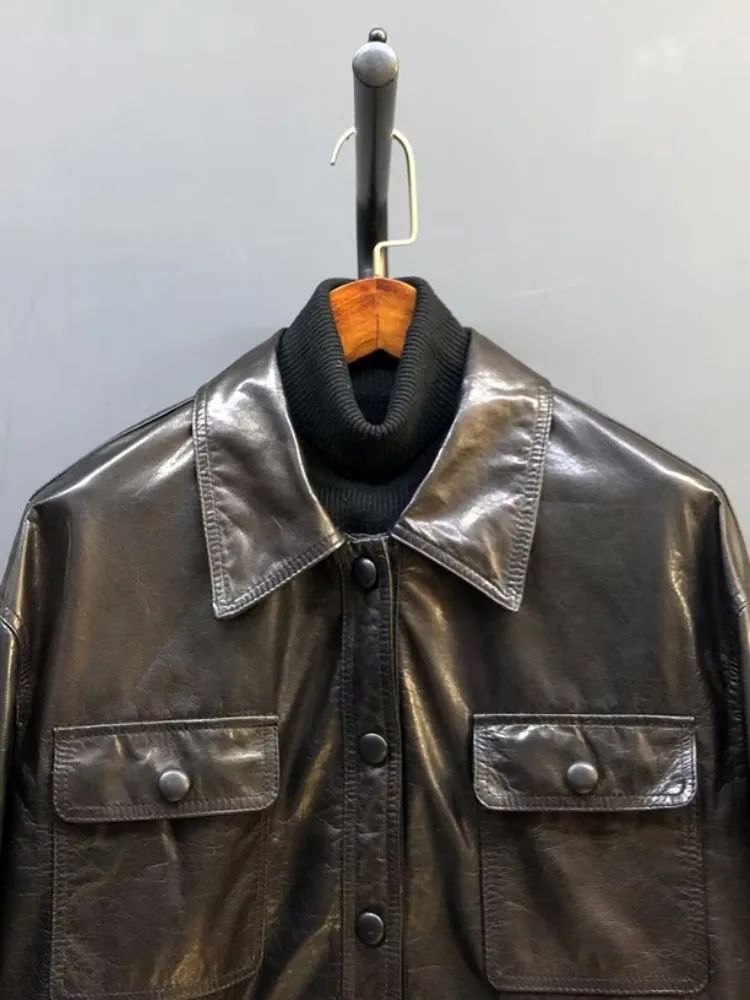Britse stijl vierkante hals effen kleur lederen jas losse schapenvacht met lange mouwen enkele rij knopen zak sjerpen damesjas