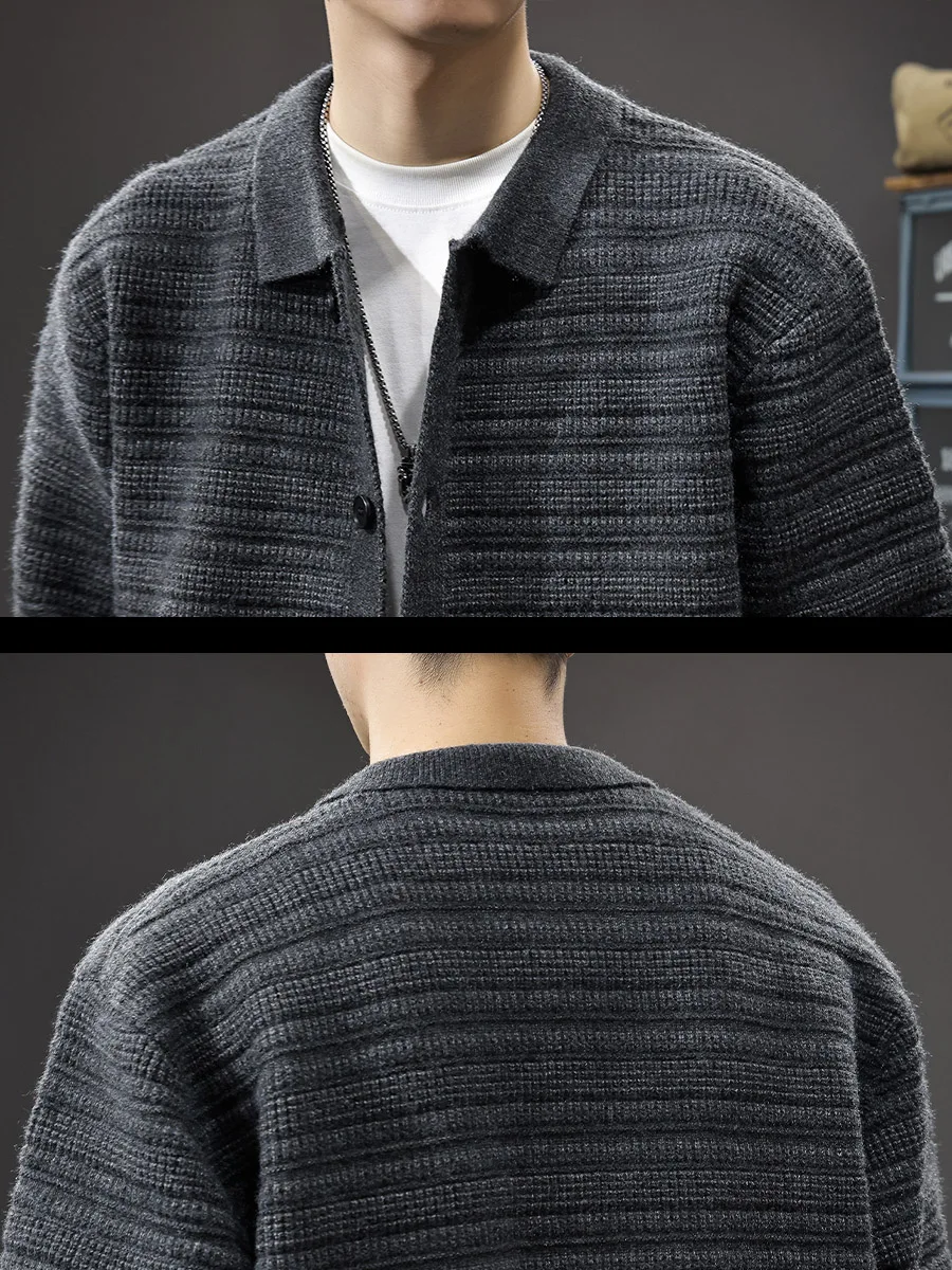 Męski sweter rozpinany z dzianiny, luźny krój, styl lazy, amerykański retro, zimowa odzież wierzchnia, długi rękaw, wygodny.