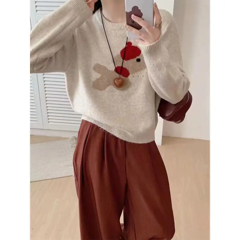 

Cute Dog Jacquard Knitted Sweater for Women Clothes O-neck Long Sleeve Jumper Autumn Winter Knitwear Korean Fashion Pullover New