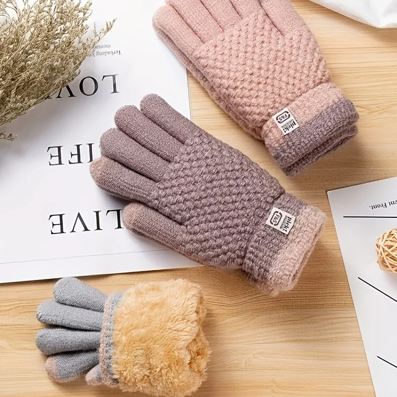 Women's New Warm Knitted Touchscreen Gloves with Added Velvet and Thickening, Women's Winter Cycling Cold and Windproof Gloves
