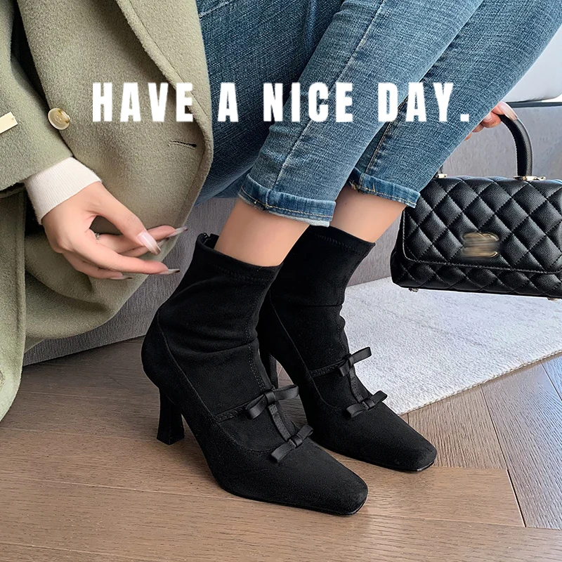 

2026 новые осенне-зимние женские ботильоны 22-24,5 см, эластичные фланелевые сапоги на высоком каблуке с квадратным носком, современные узкие ботинки с узлом-бабочкой