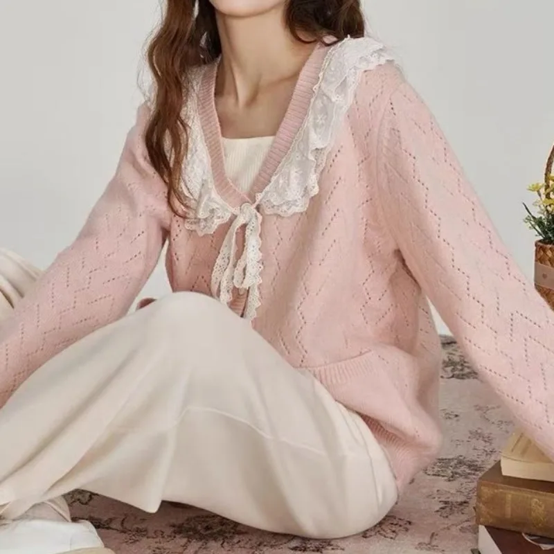 

Lace Cardigans for Women Long Sleeve V-neck Patchwork Ins Korean Style Sweet Girls Tops Single Breasted New College Fit Popular