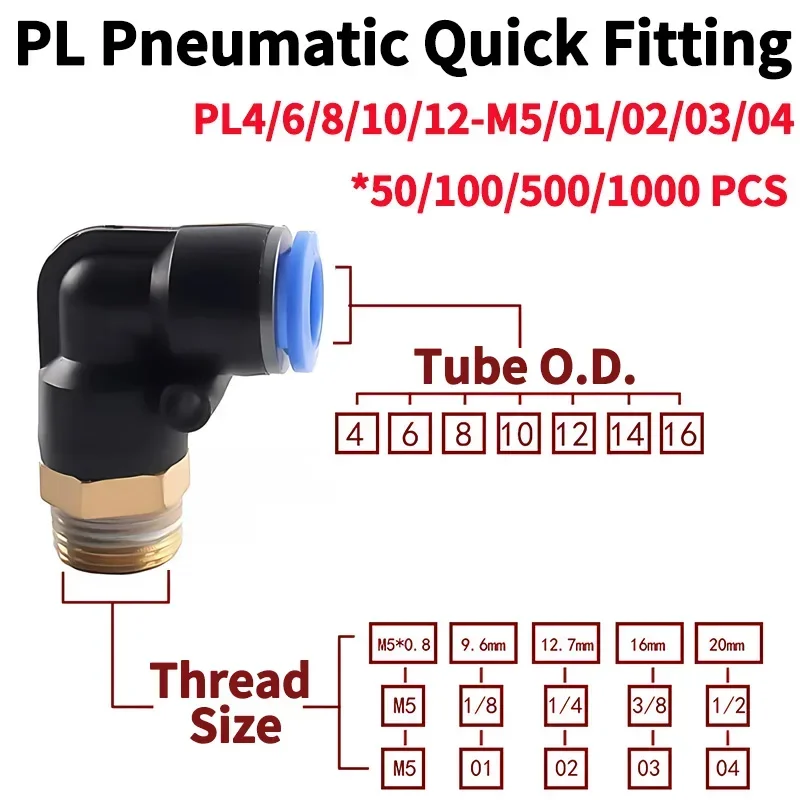 PL Push to Connect Tube Fitting Male Elbow PL4/6/8/10/12mm Tube OD x M5/01/02/03/04 Thread Pneumatic Air Push Fit Lock Fitting