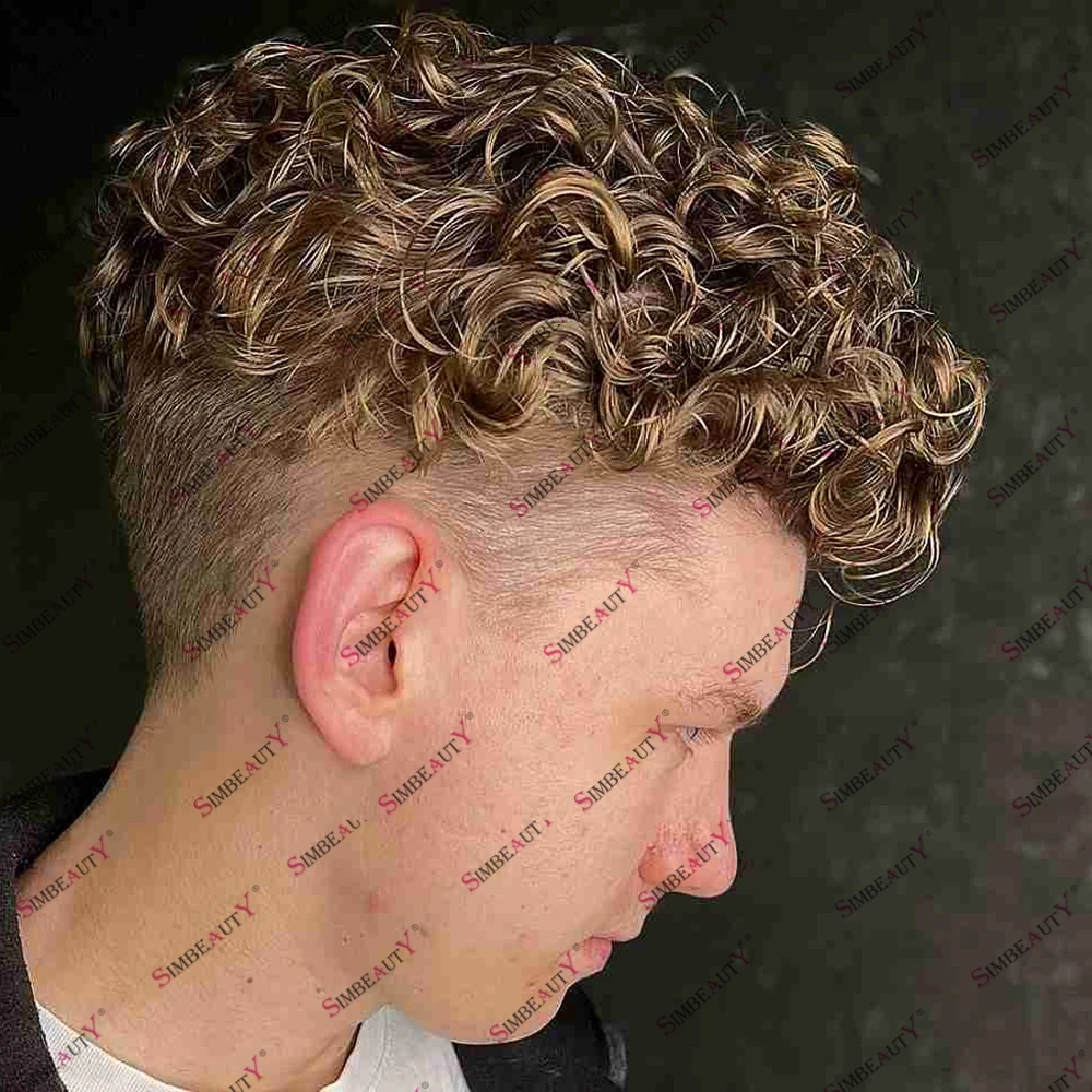 

Bond Blonde Curly Human Hair Strong Duranle Mono PU Male Hair Toupee Capillary Prosthesis 15mm 20mm 24mm 26mm Vary Curly Wig