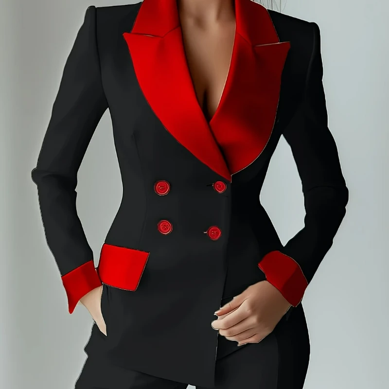 

New Fashionable Elegant Casual Versatile Long-sleeved Double-breasted Suit Collar Pocket Patchwork Suit for Women Spring 2026