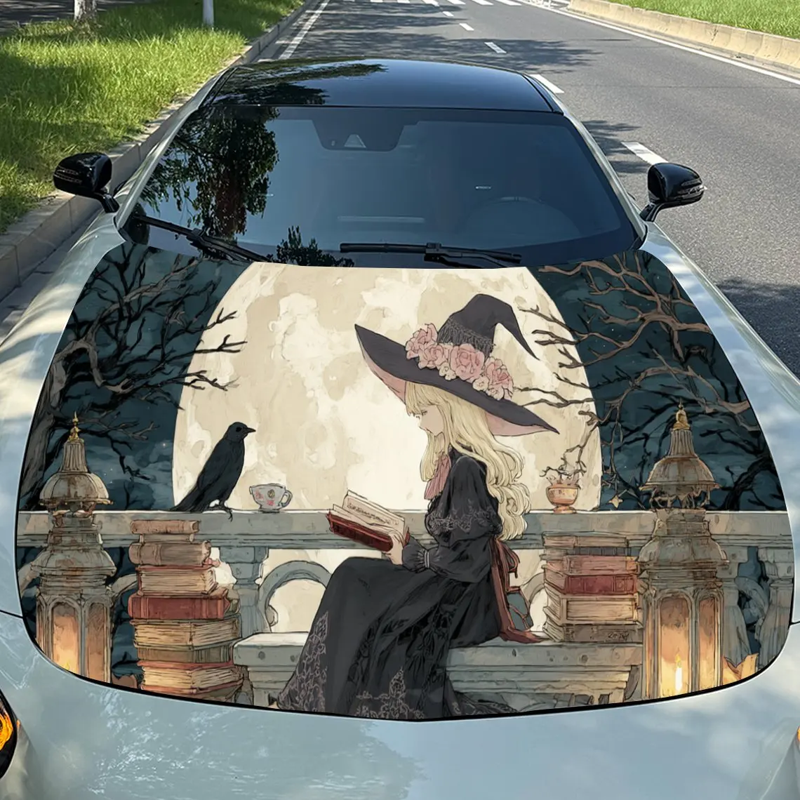 

Witch Reading by Moonlight Car Engine Hood Vinyl Wraps Sticker, Trendy Auto Cover Decal, Waterproof Self-adhesive Vehicle Decal,