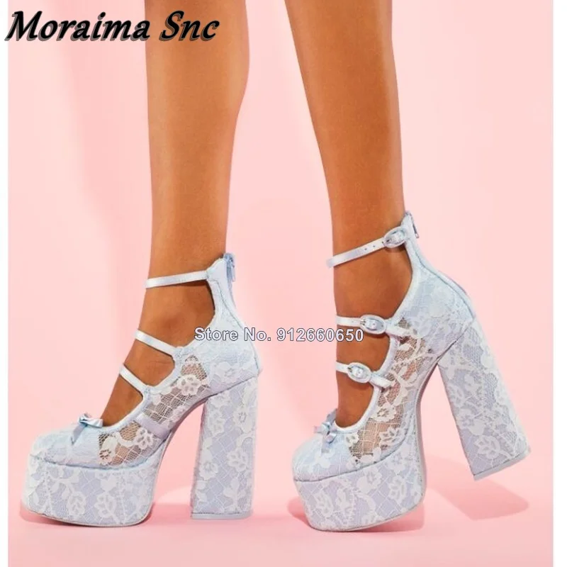 

Back Zipper Blue Lace Pumps Platform Buckle Strap Bow Knot Women Chunky High Heel Sandals Spring Shoes For Women Shoes On Heels