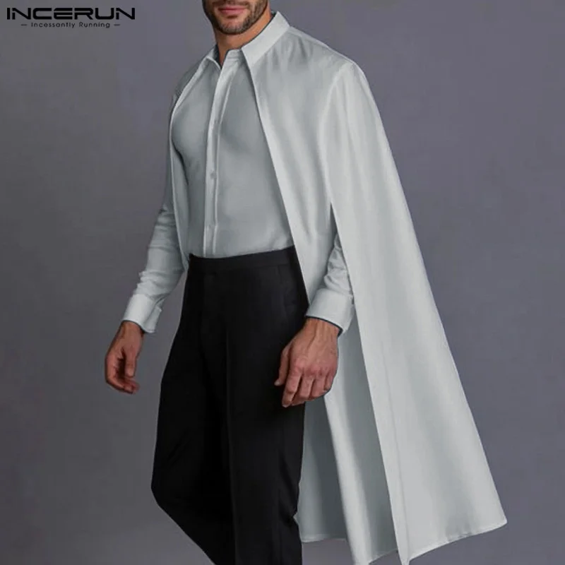 Fashion Casual Style Tops INCERUN Men's Hollowed Cape Mid Length Design Shirt Male Solid Simple Loose Long Sleeved Blouse S-5XL