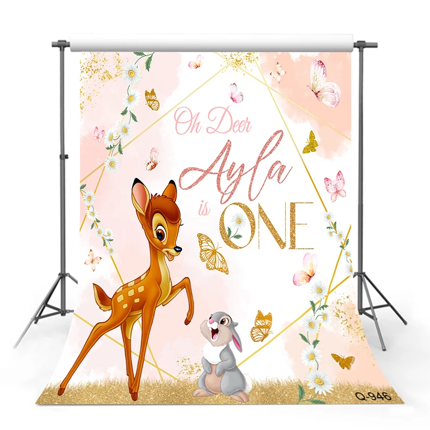 Pink Flower Tree Spring Background Bambi Backdrop for Baby Shower Yellow Butterfly Cute BunnyBackgrounds Backdrops for Girls