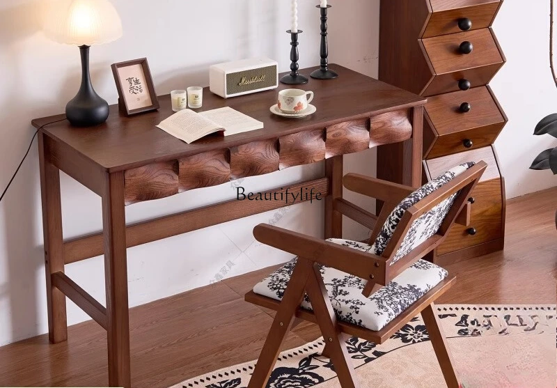 Medieval solid wood ripple desk retro home French minimalist study writing table