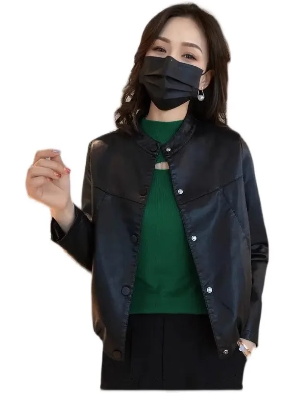ort Lose Damen-Jaset-Mantel aus Leder, kleiner Biker-Mantel, lässig, mit Knöpfen verziert, Taille, PU-Leder, lang, Sve, rund, Ne