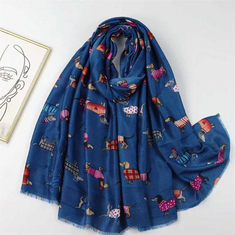 Cute Cartoon Dachshund Pattern Scarf Twill Thin Breathable Fringe Shawl Casual Travel Inelastic Outerwear Long Shawl 180*90Cm