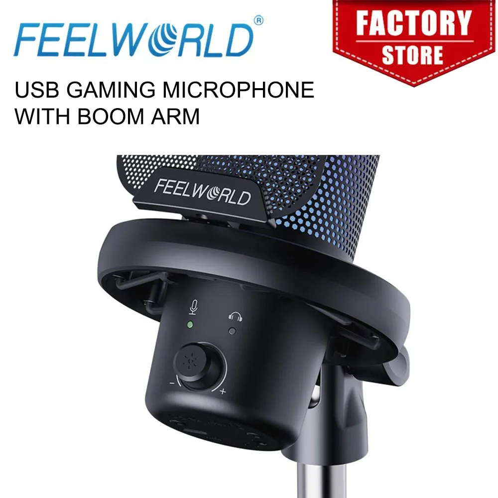 FEELWORLD VM1-AS USB Condenser Gaming Microphone for Streaming Noise Cancellation Mute RGB Light Boom Arm Stand