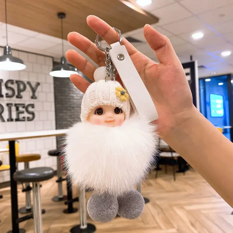 Cute Expression Face Baby Pompom Keychain Real Fox Fur Pendant For Women Bag Car Key Ring Girl Gift Charm Plush Doll Key Chain