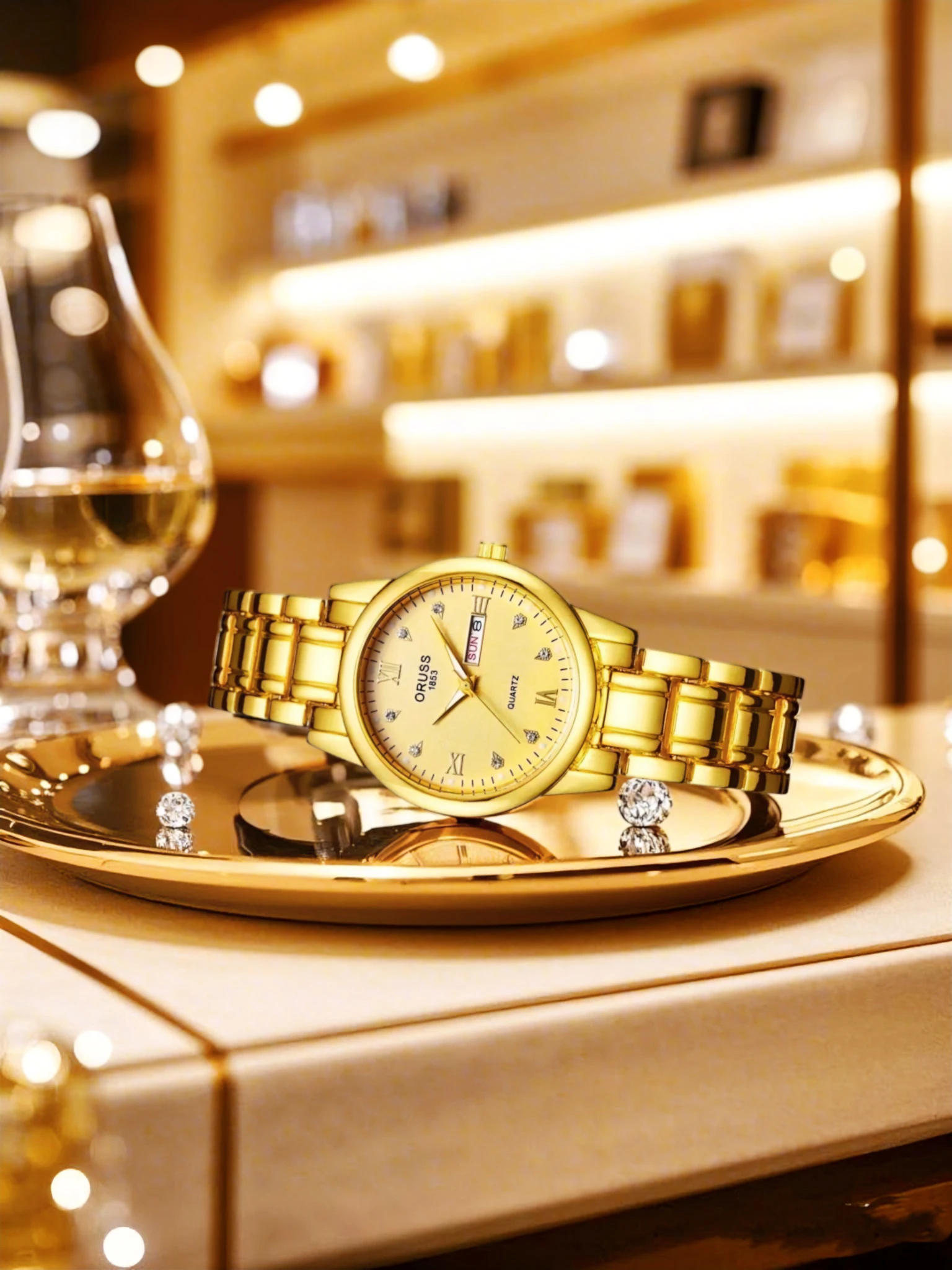ORUSS Top Brand Luxury Quartz Watches for Women Luxury Luminous Gold Watch Fashion Business Waterproof Stainless Steel Watches