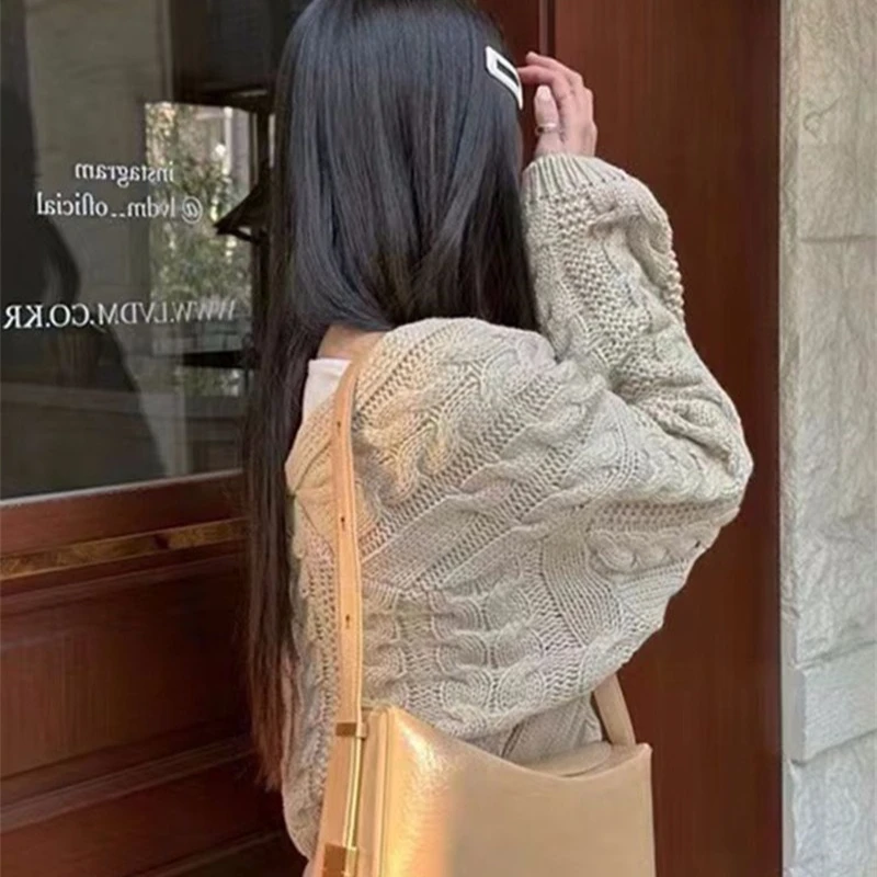 

V-neck Fashionable Lazy Style Korean Women's Long-sleeved Knitted Blouse Sweet Casual Solid Color Cardigan Short Sweater