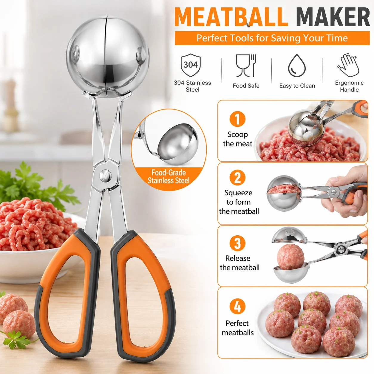 2Pcs Non-Stick Meatball Tongs Stainless Steel Cookie Dough Scooper Ice Cream Fruit Melon Cutter Kitchen Gadget Tool