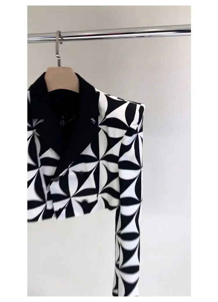 European Runway Black White Print Short Blazers Women Coats Spring Autumn Woman Work Office Ladies Blazers Outwears Tops NZ12