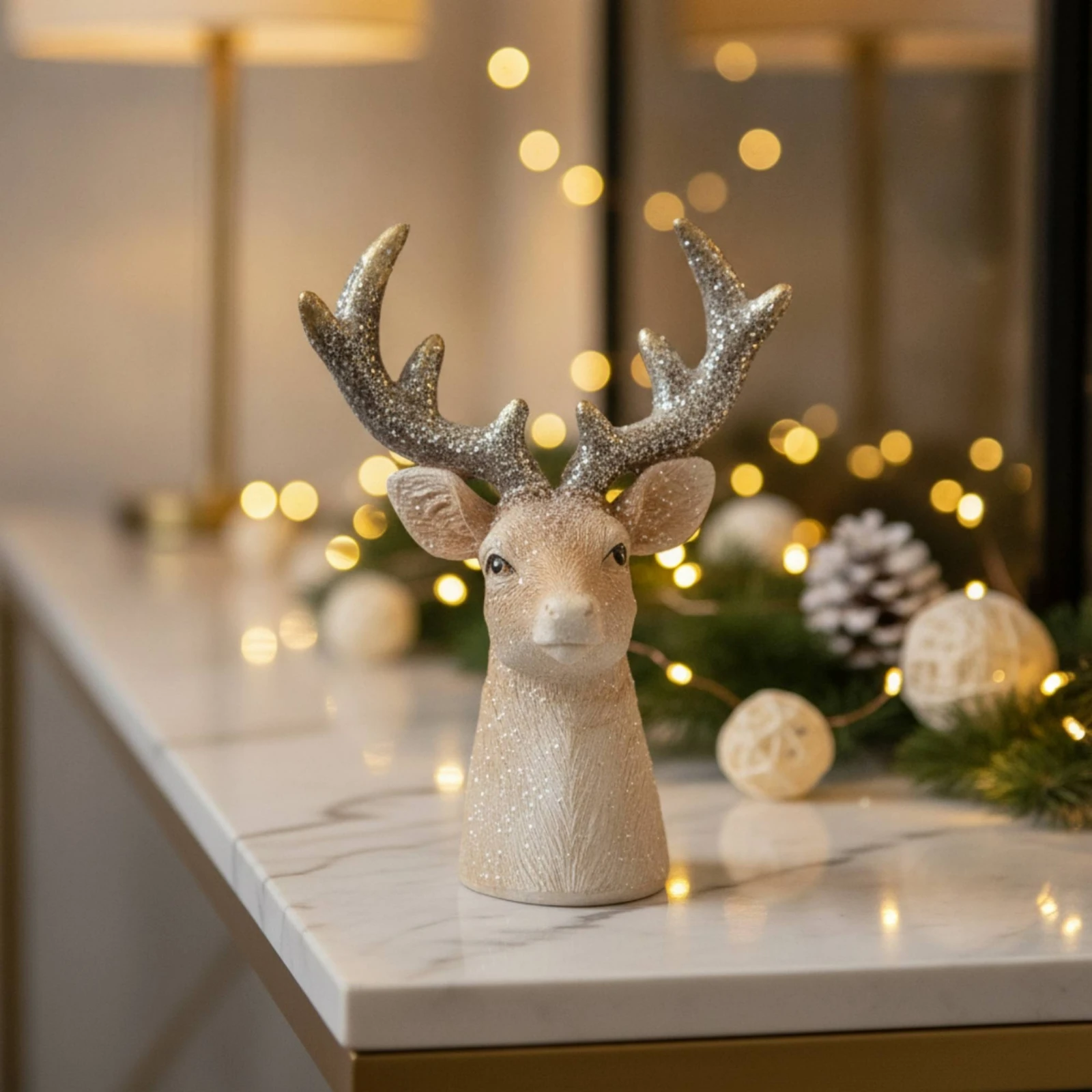 Deer Head Figurine Tabletop Deer Bust Horned Statue Entryway Home Decor Resin