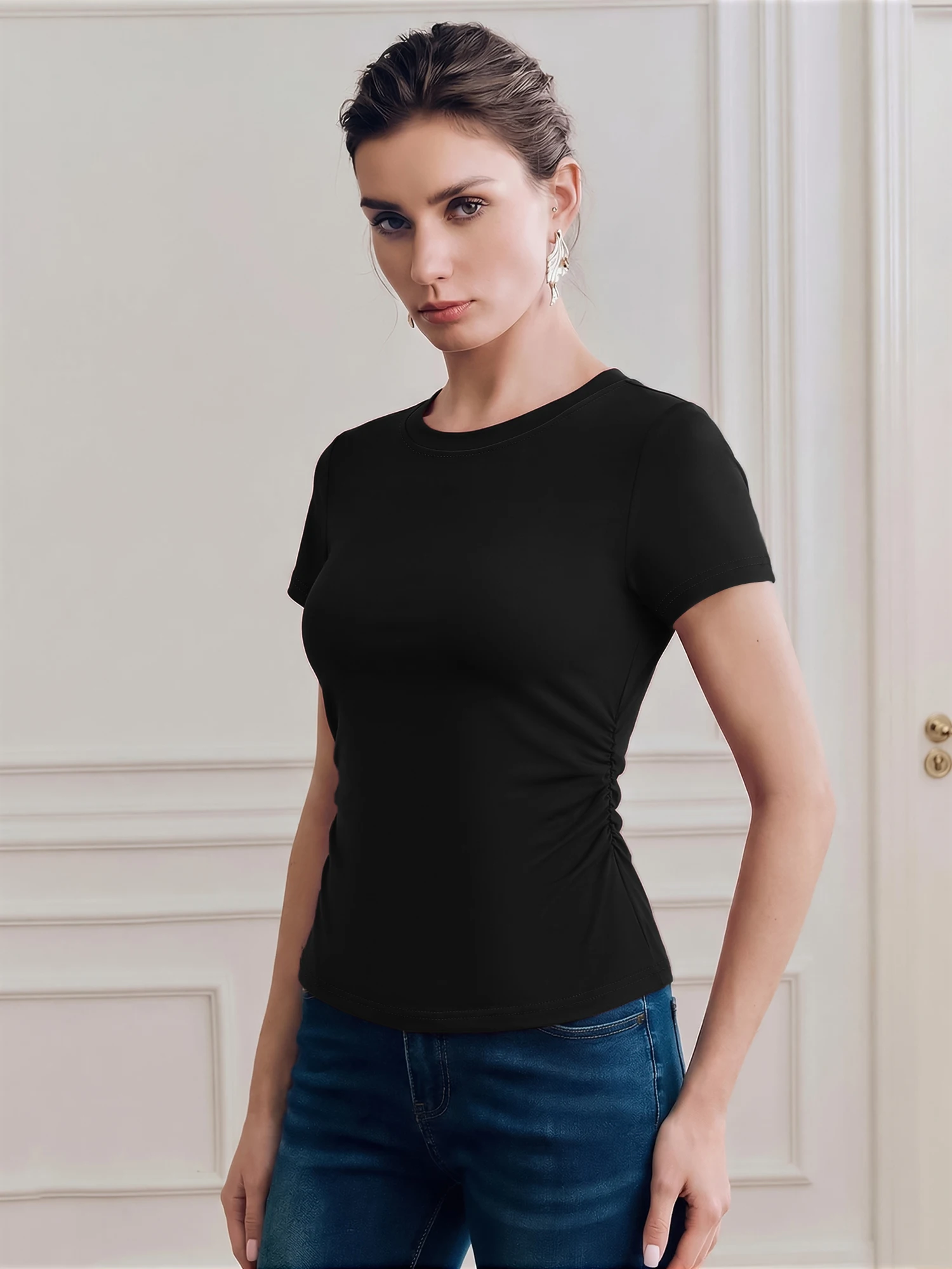 Classic Waist Cinched Blouse, Plain Round Neck Short Sleeve Crop Top for Layering With Jackets & Cardigans