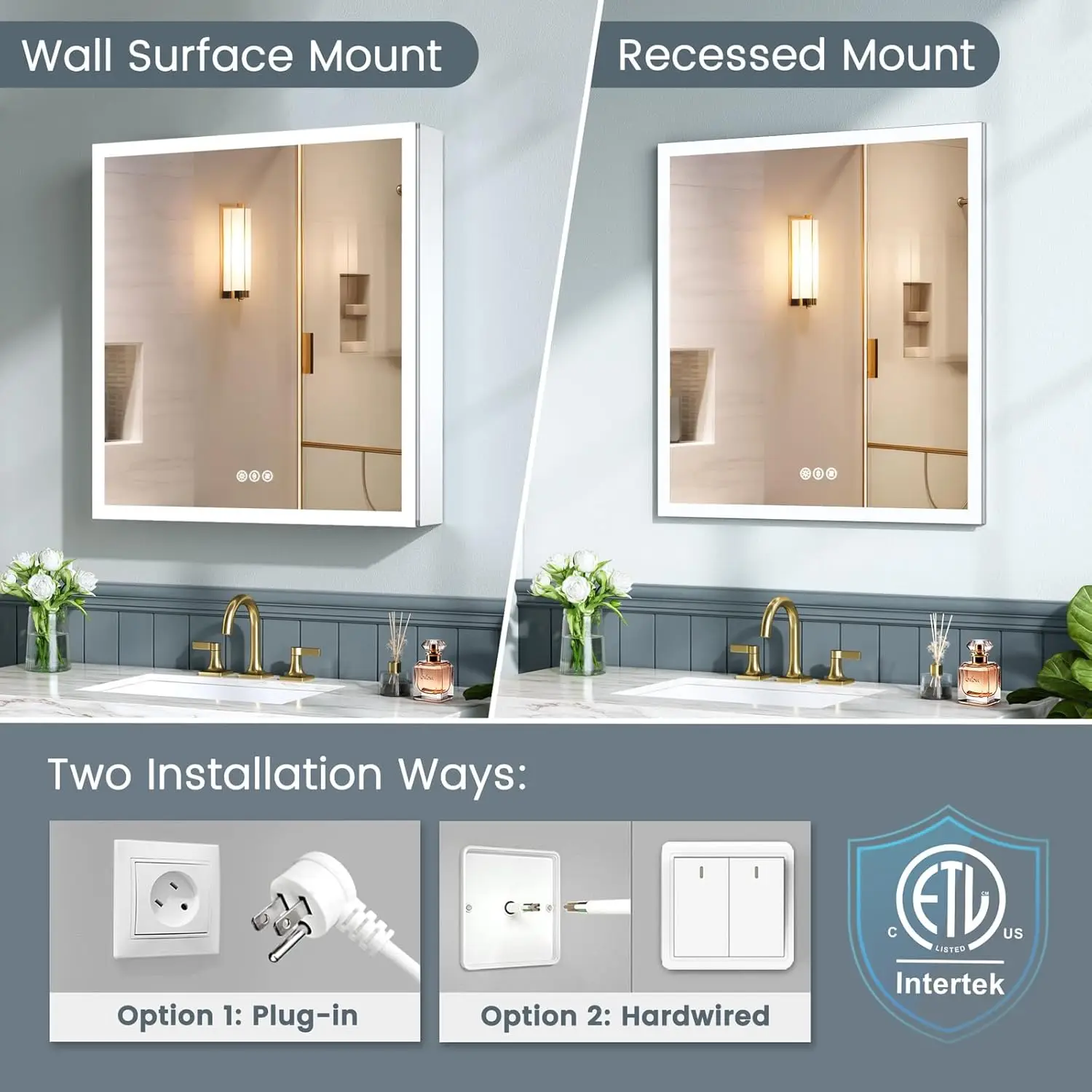 Inch Lighted Medicine Cabinet, AL Alloy Frame, Plug-in or Hardwired, Recessed or Wall Mount, Mirror Doors/3 Colors/Dimmable/Inte