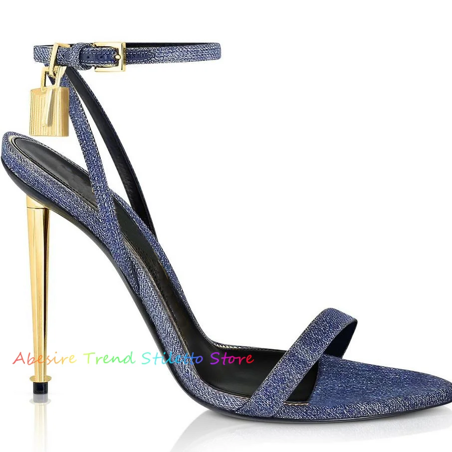 Gold Ankle Strap Stiletto Heels Lock Thin High Heel Sandals Open Toe Fashion Summer Shoes Solid Suede Metal Lock Decor Shoes