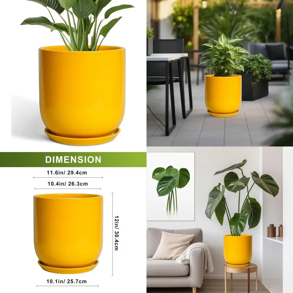 

Большой 12-дюймовый горшок для растений (для дома и улицы) с дренажем, для декора патио и офиса, желтый