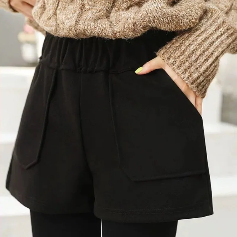 Woolen Shorts Women High Waist Korean Style Fashion Fall Winter Temperament Pockets Solid Office Lady Elegant Simple All-match