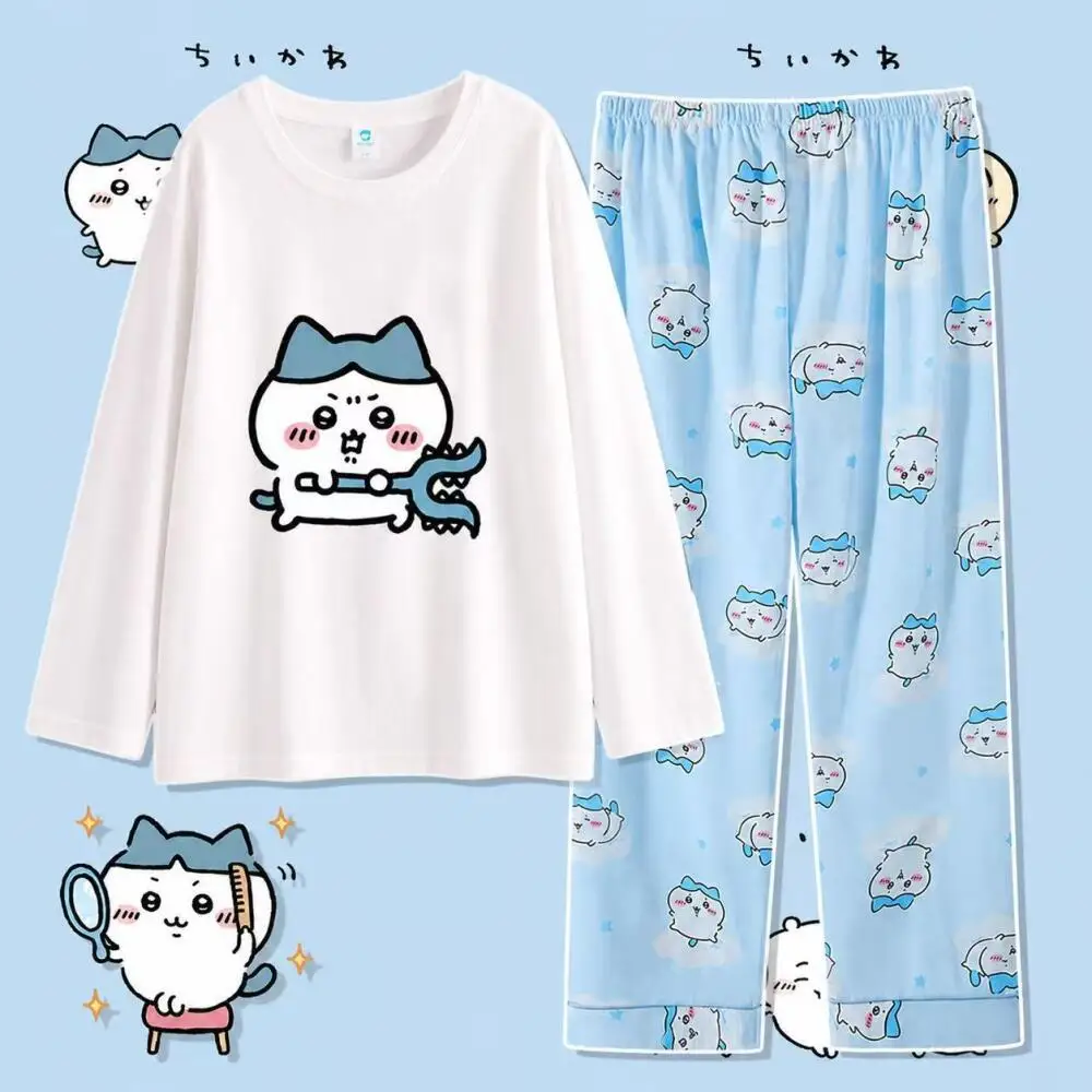 Niedliches Chiikawa Baumwoll-Pyjama-Set Kawaii Usagi Mädchen Nachtwäsche Rundhals Langarm Hose Locker Sitzende Cartoon Hachiware Hauskleidung
