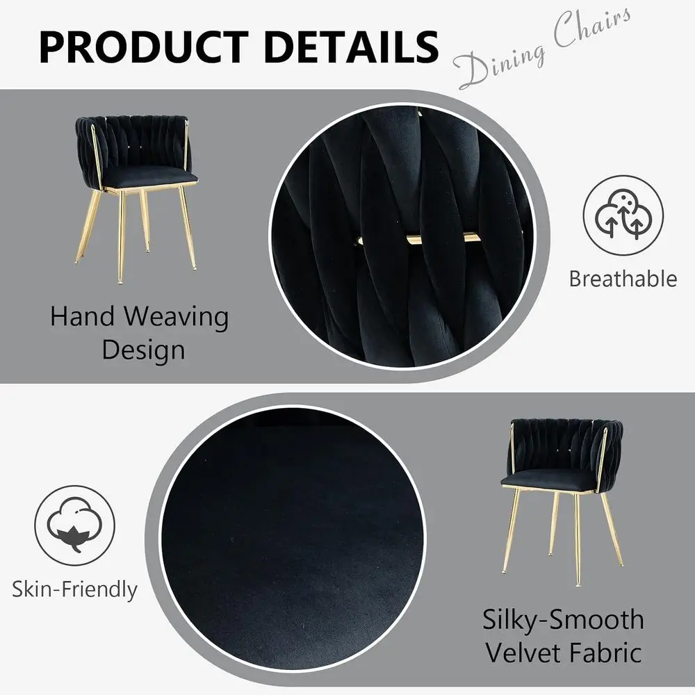 ern Hand Weaving Dining Chairs Set o 4, Velvet Upholstered Side Chairs with Gold Legs, Chic Vanity Chairs with Armrest, Accent C view 4