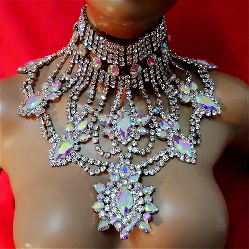 Fashionable Ladies Hot Selling Luxury AB Colored Gemstone Necklace, Bride's Wedding Party Exquisite Sparkling Crystal Necklace