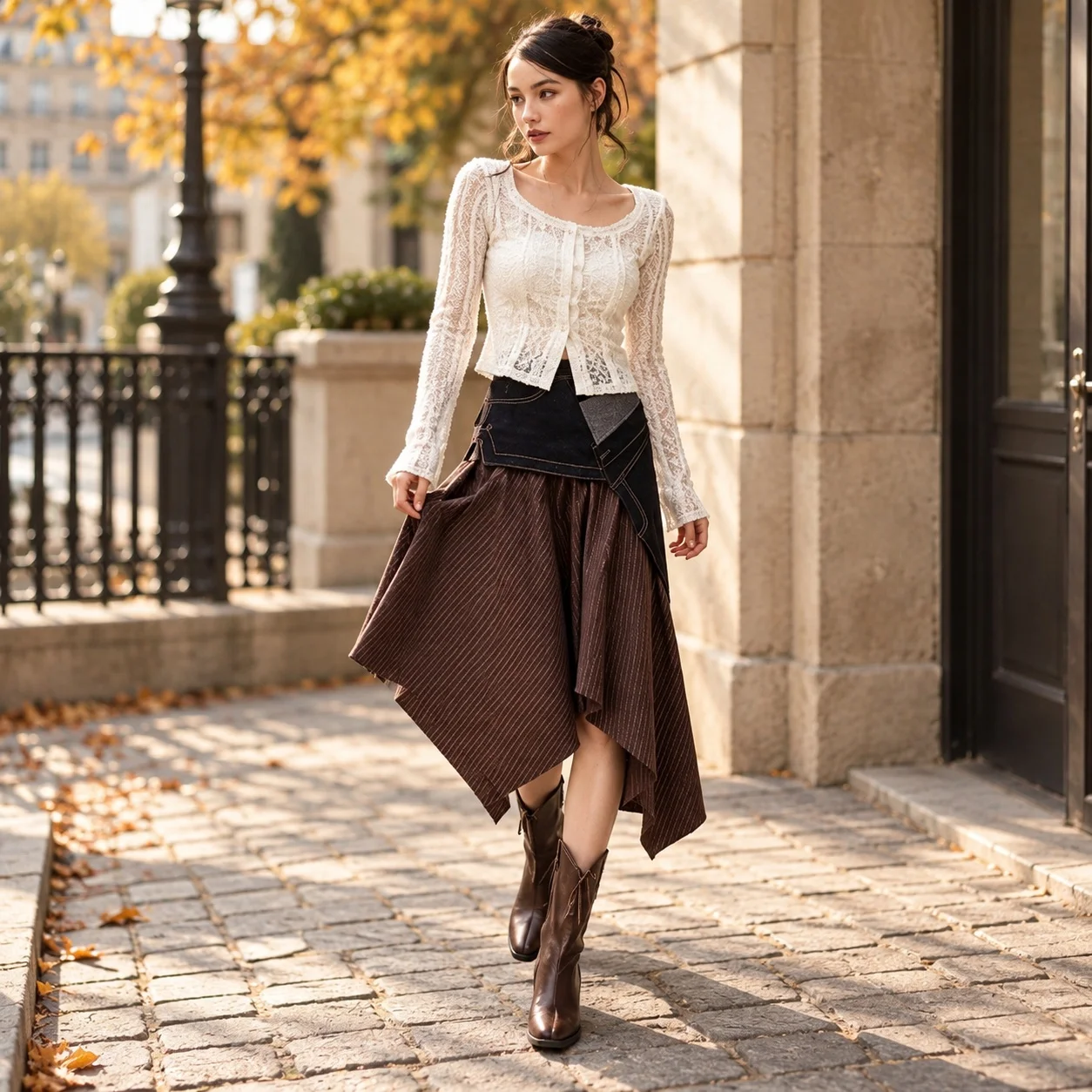 Patchwork Asymmetrical Hem Skirt Utility Style with Striped Autumn No Stretch Contrast Stitching Midi Length Women Skirt