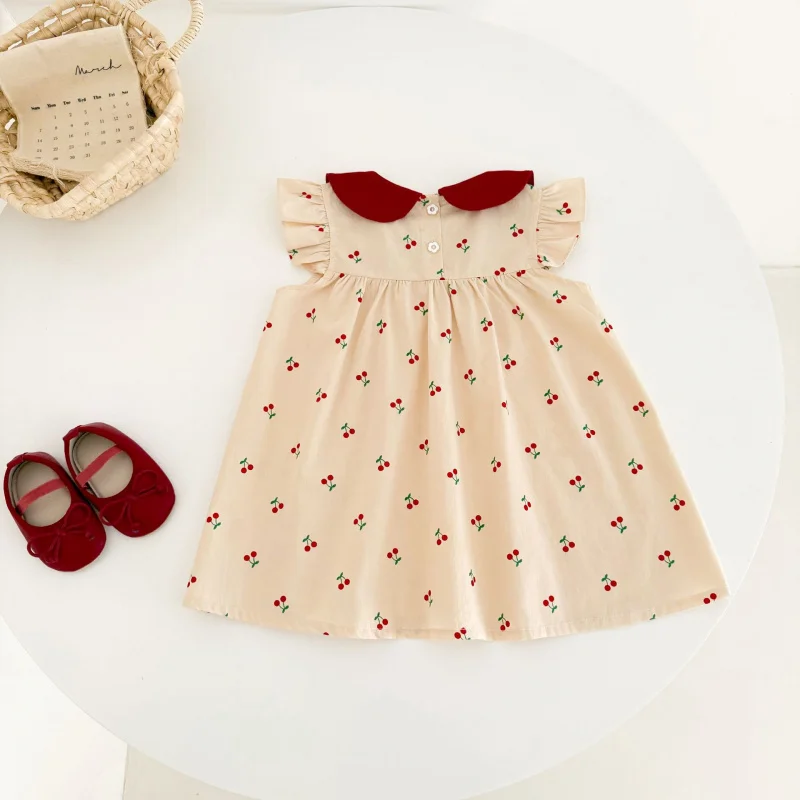 Summer baby girl dress with doll collar and cherry print, sweet and unique cute princess dress with flutter sleeves
