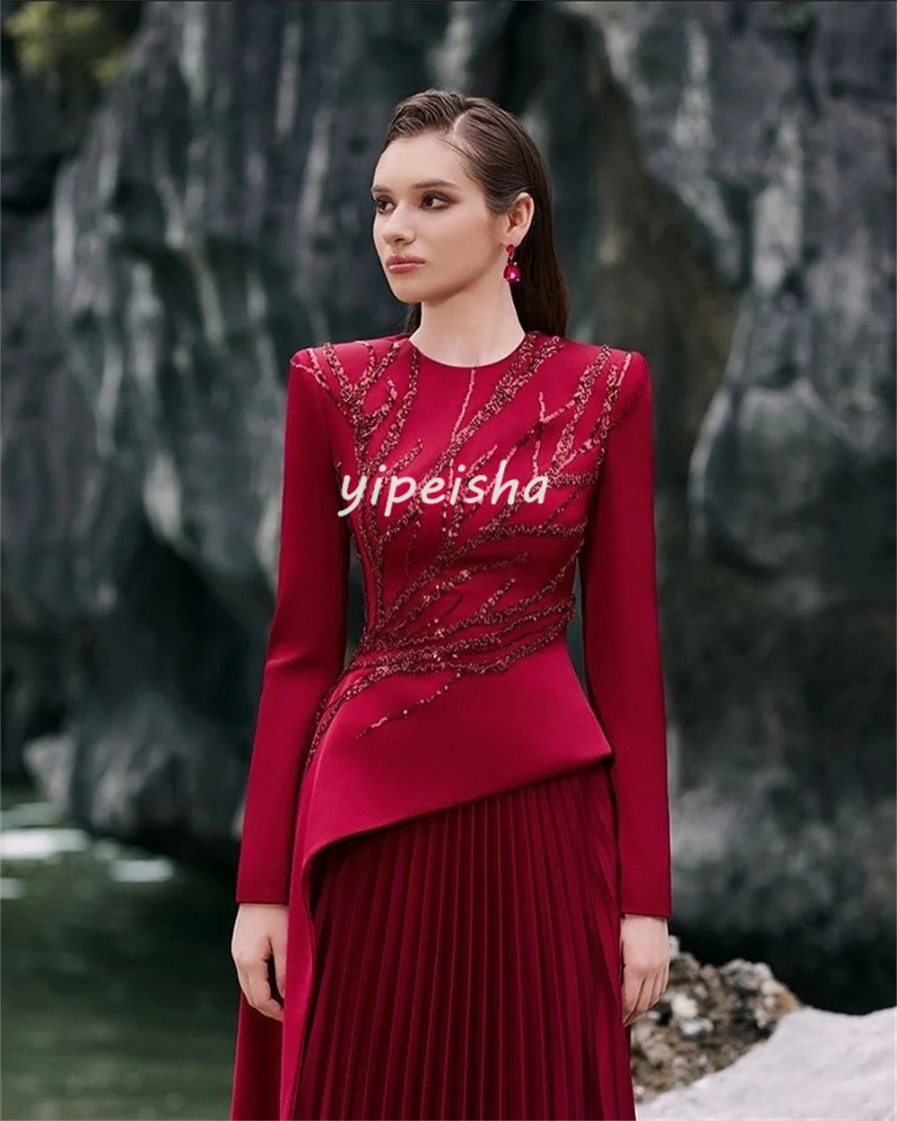Customized Matching Intricate Jersey Beading Sequined Draped A-line Scoop Neck Long Dresses Bespoke Occasion Dresses Elegant image 3