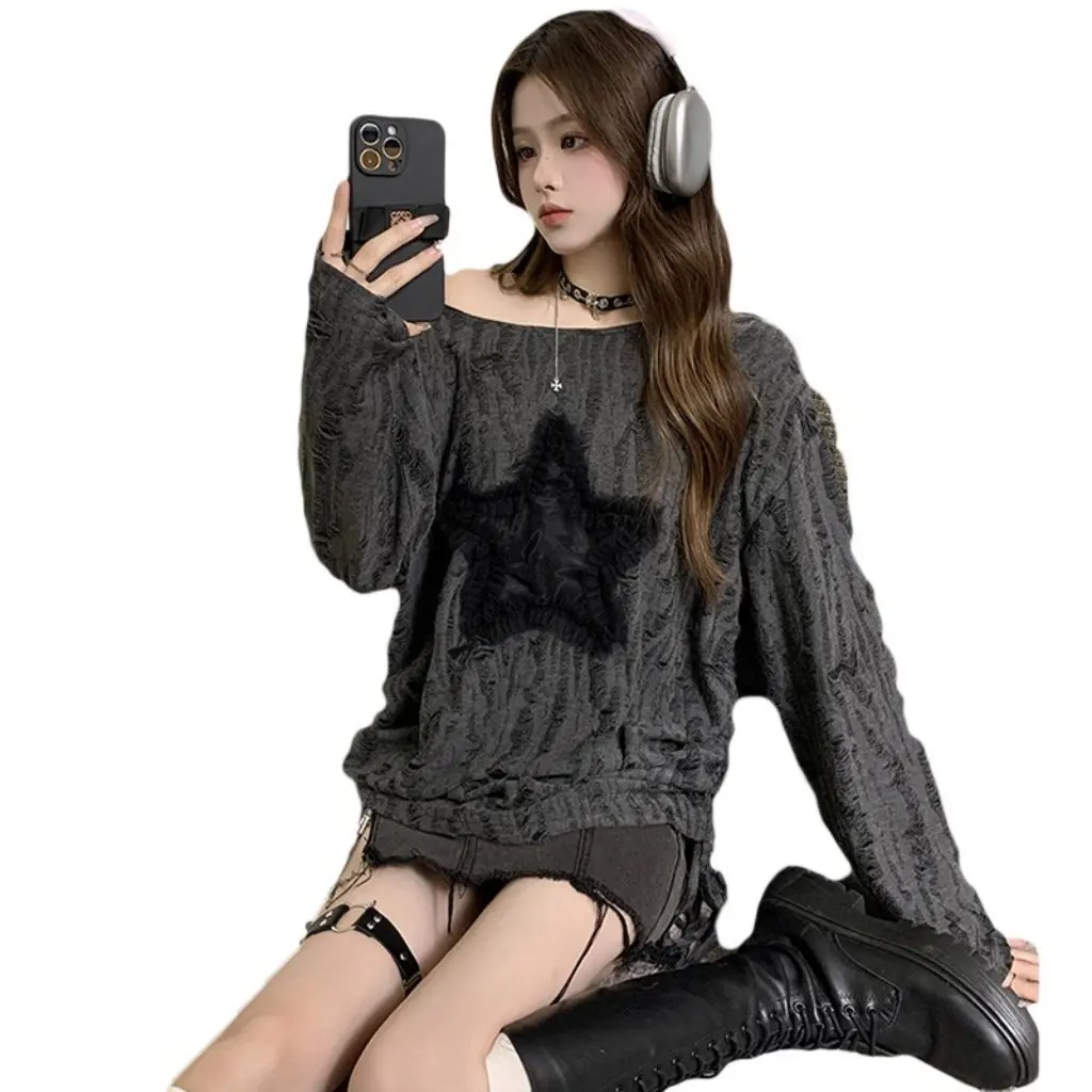 تي شيرت نسائي بأكمام طويلة على الطراز الكوري تصميم فتاة التوابل فضفاض متوسط الطول موضة ربيع الخريف والشتاء العصرية
